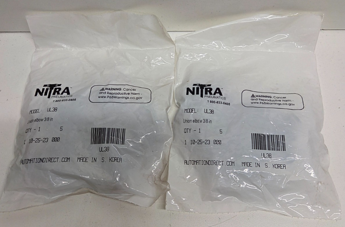 LOT OF 10 NEW IN BAG! NITRA 3/8″ PUSH TO CONNECT UNION ELBOWS UL38