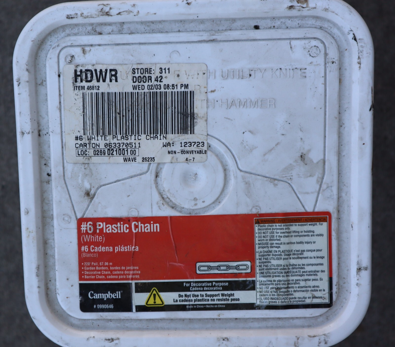 Campbell #6 White Plastic Decorative Chain (NEW)