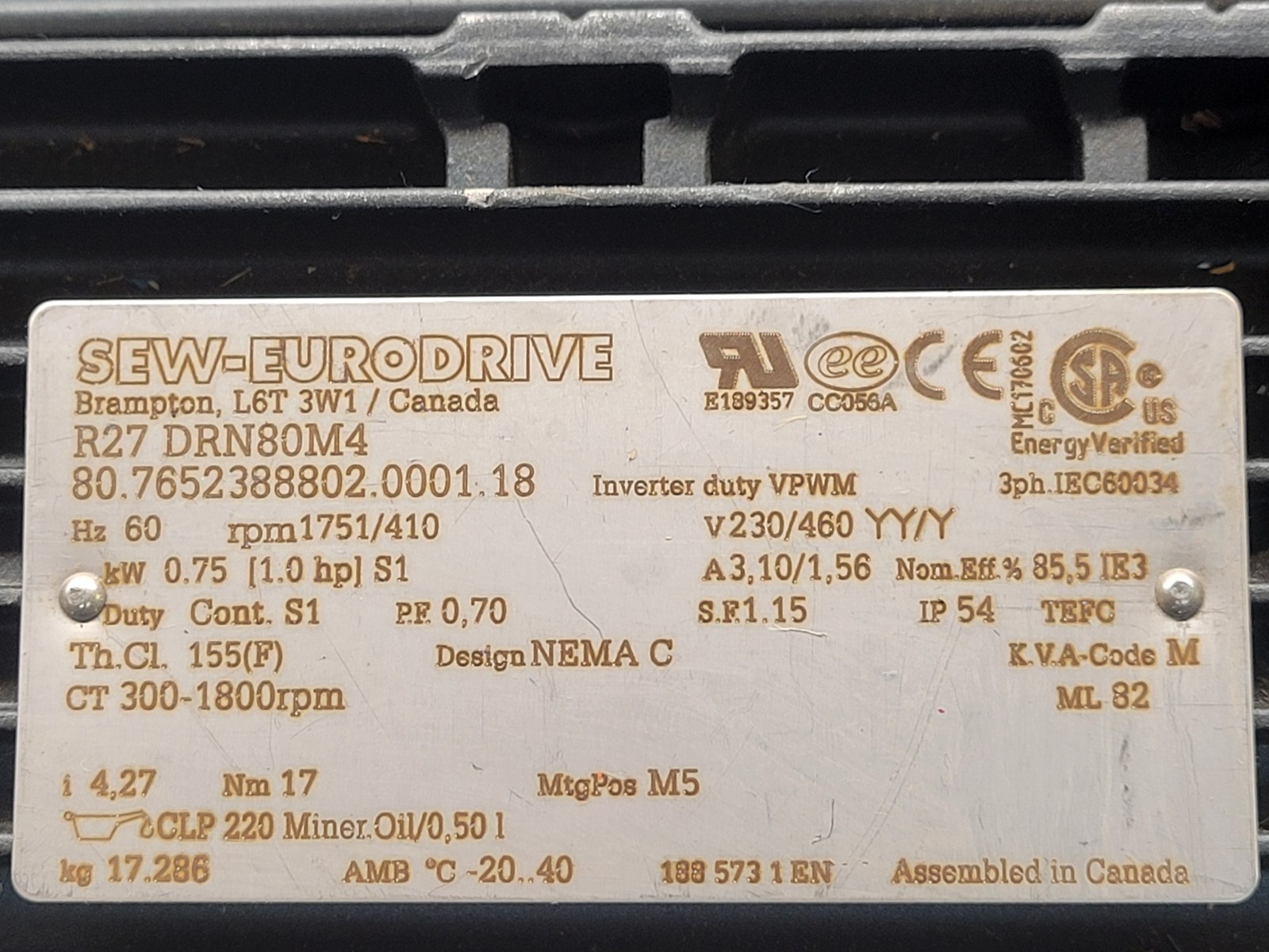 SEW Euro-Drive R27 DRN80M4/Type R27/A Motor Drive.