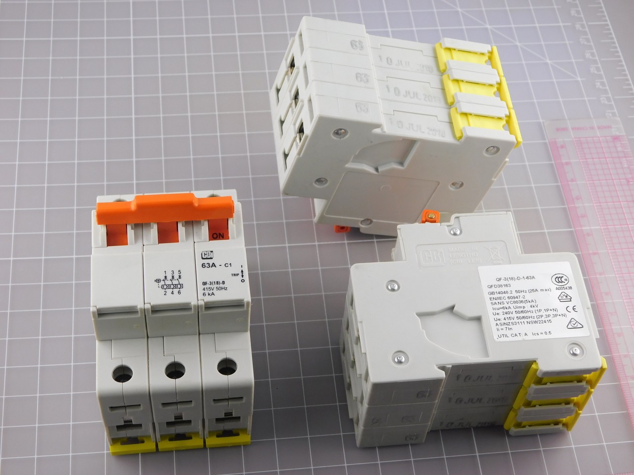 Lot of 2 CBI ELECTRIC QF-3(18)-D-1-63A 63 amp, 3-pole circuit breaker with a 18