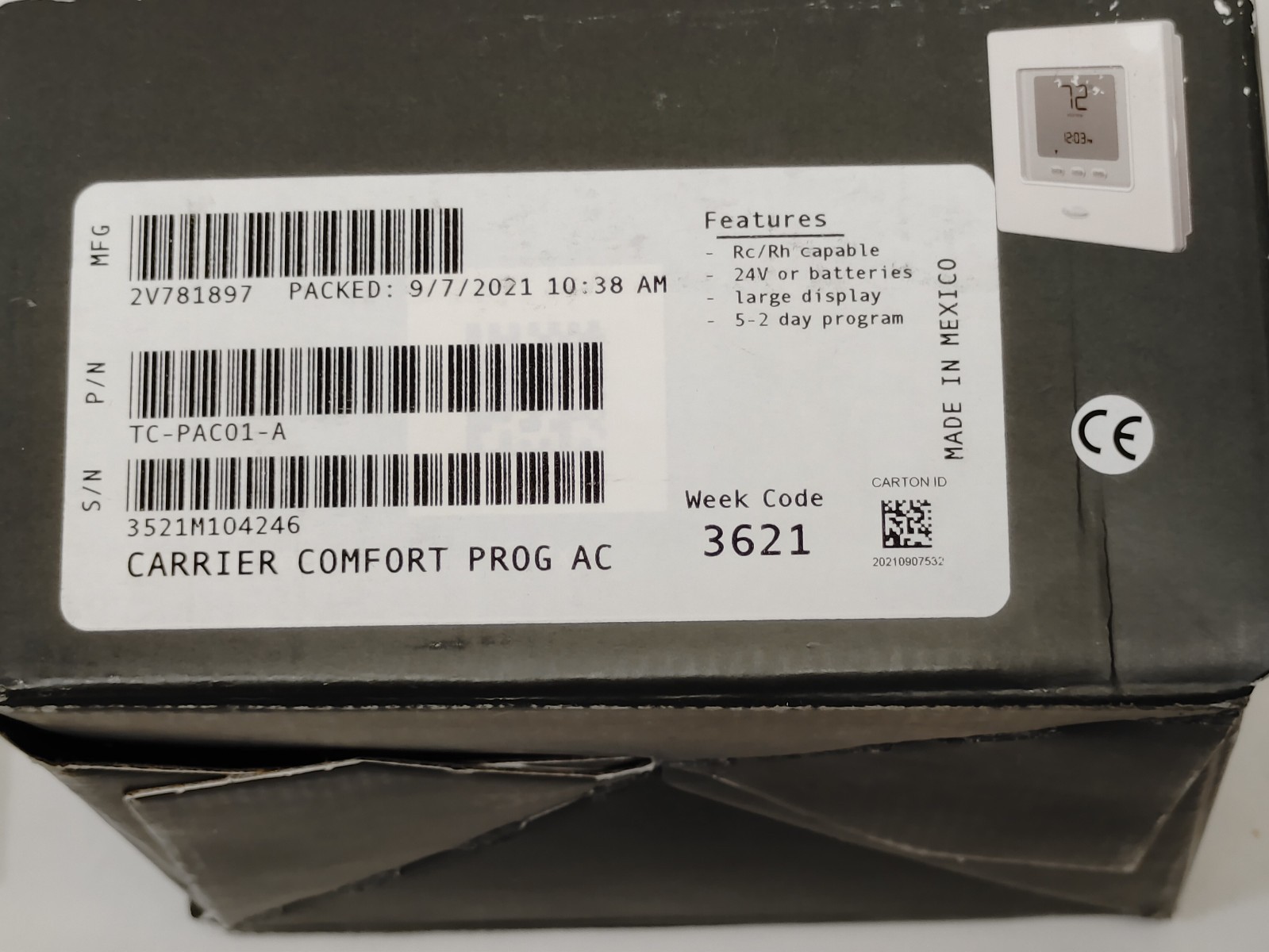 Carrier TC-PAC01-A Comfort Programmable Touch-N-Go Thermostat