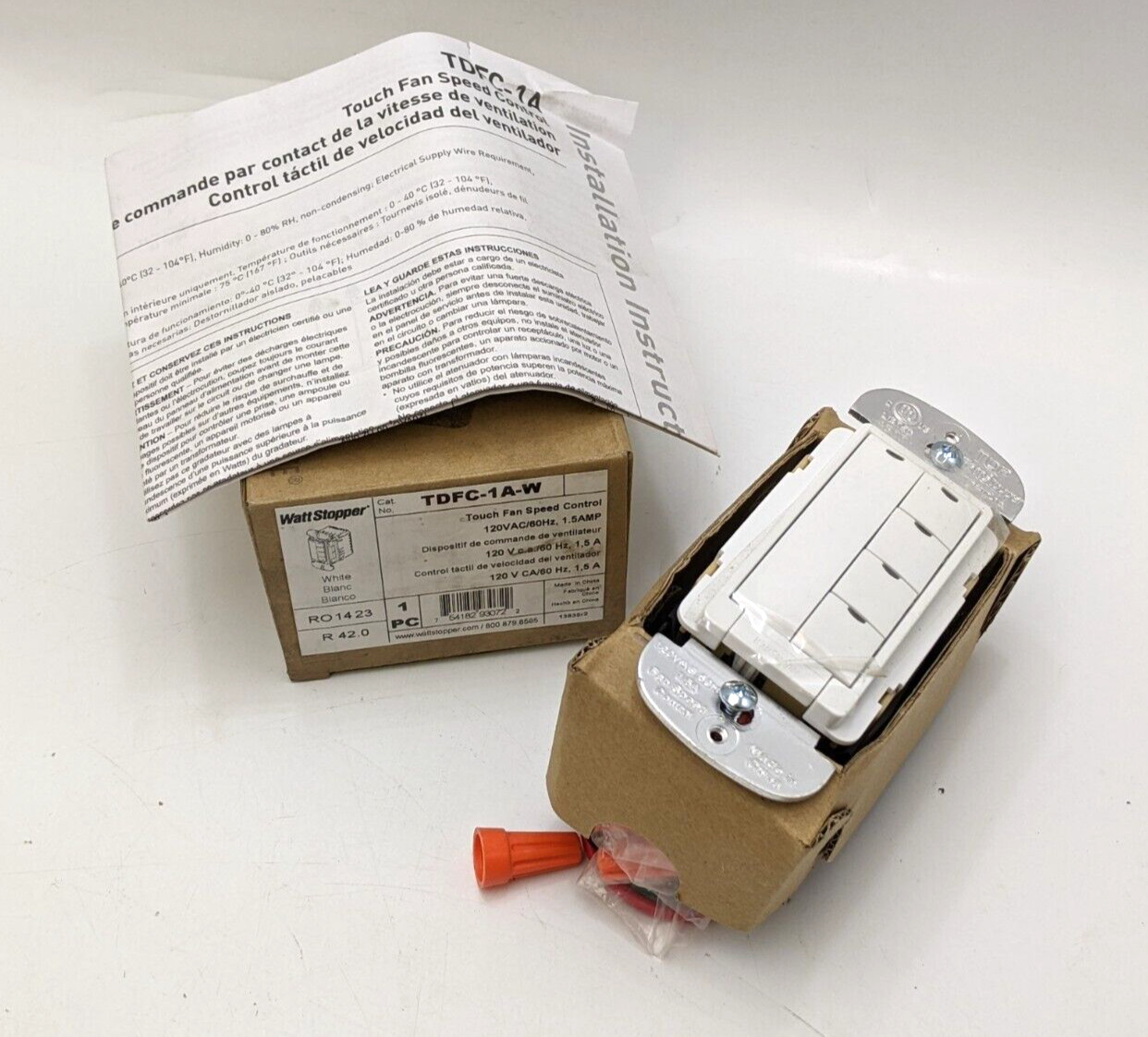 Watt Stopper TDFC-1A-W Touch Fan Speed Control Switch 120V 60Hz 1.5A White NOS
