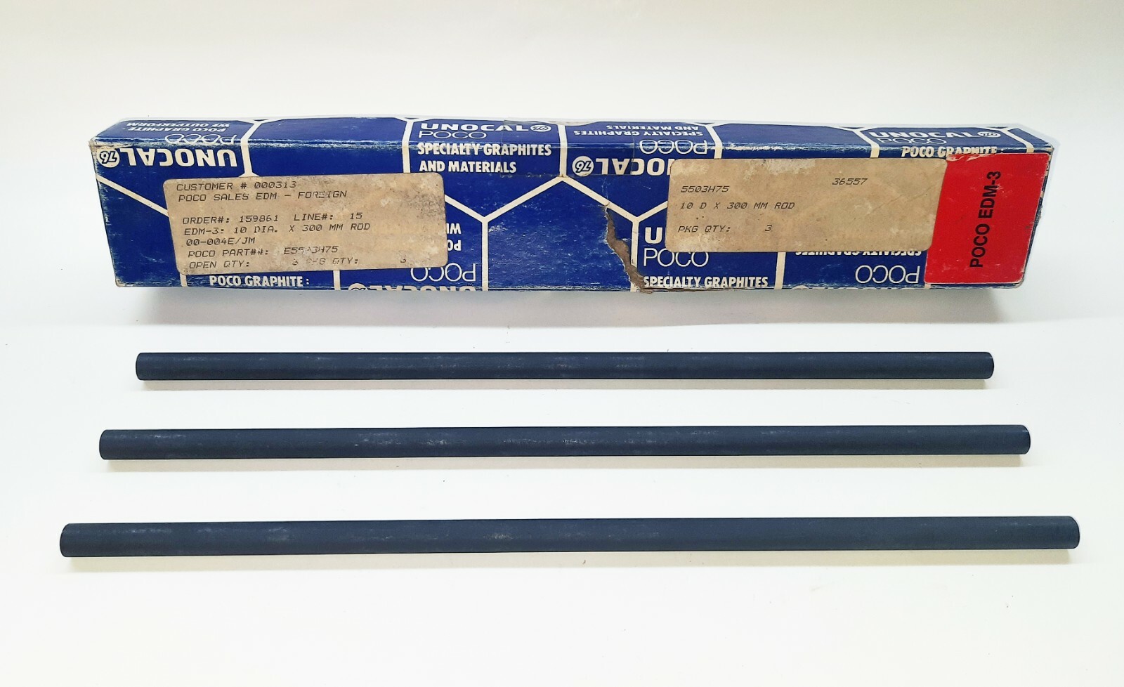 UNOCAL 5503H75 POCO EDM-3 GRAPHITE RODS 10 DIA X 300 mm – 3 PC – NEW – OLD STOCK