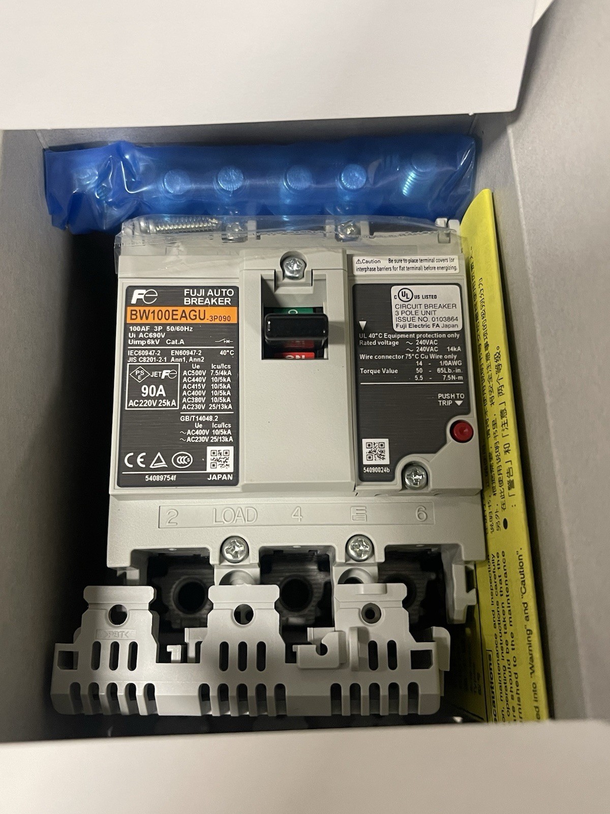 Fuji MCCB BW100EAGU 3P 90amp Breaker 90A 3P NEW IN BOX