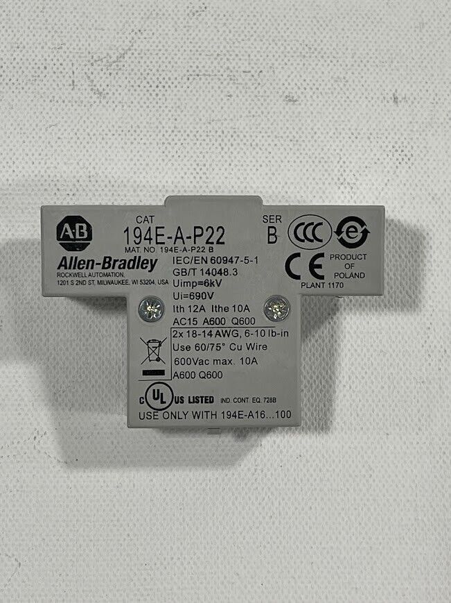 NEW! ALLEN BRADLEY 194E-A-P22 AUXILIARY CONTACT BLOCK 2 NO 2 NC 194EAP22
