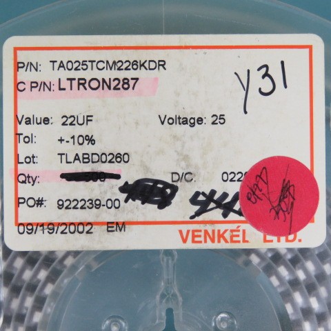 VENKEL TA025TCM226KDR Qty of 100 per Lot CAP22 UF25VTANT 7343