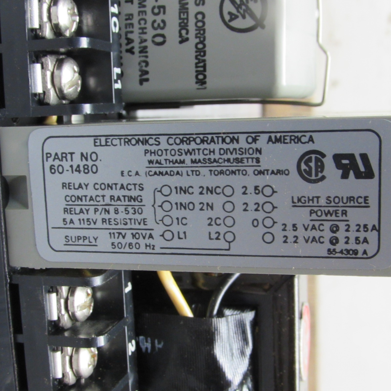 NEW! ELECTRONICS CORP of AMERICA 60-1480 , PHOTO SWITCH ASSEMBLY, 117V, NIB!