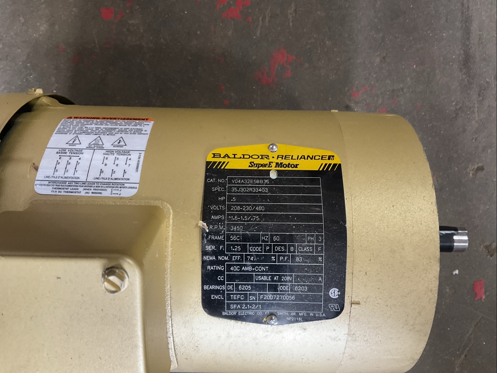 NEW BALDOR VL3503 MOTOR 3PH 1/2HP 3450RPM FR: 56C, 35J302R334G3