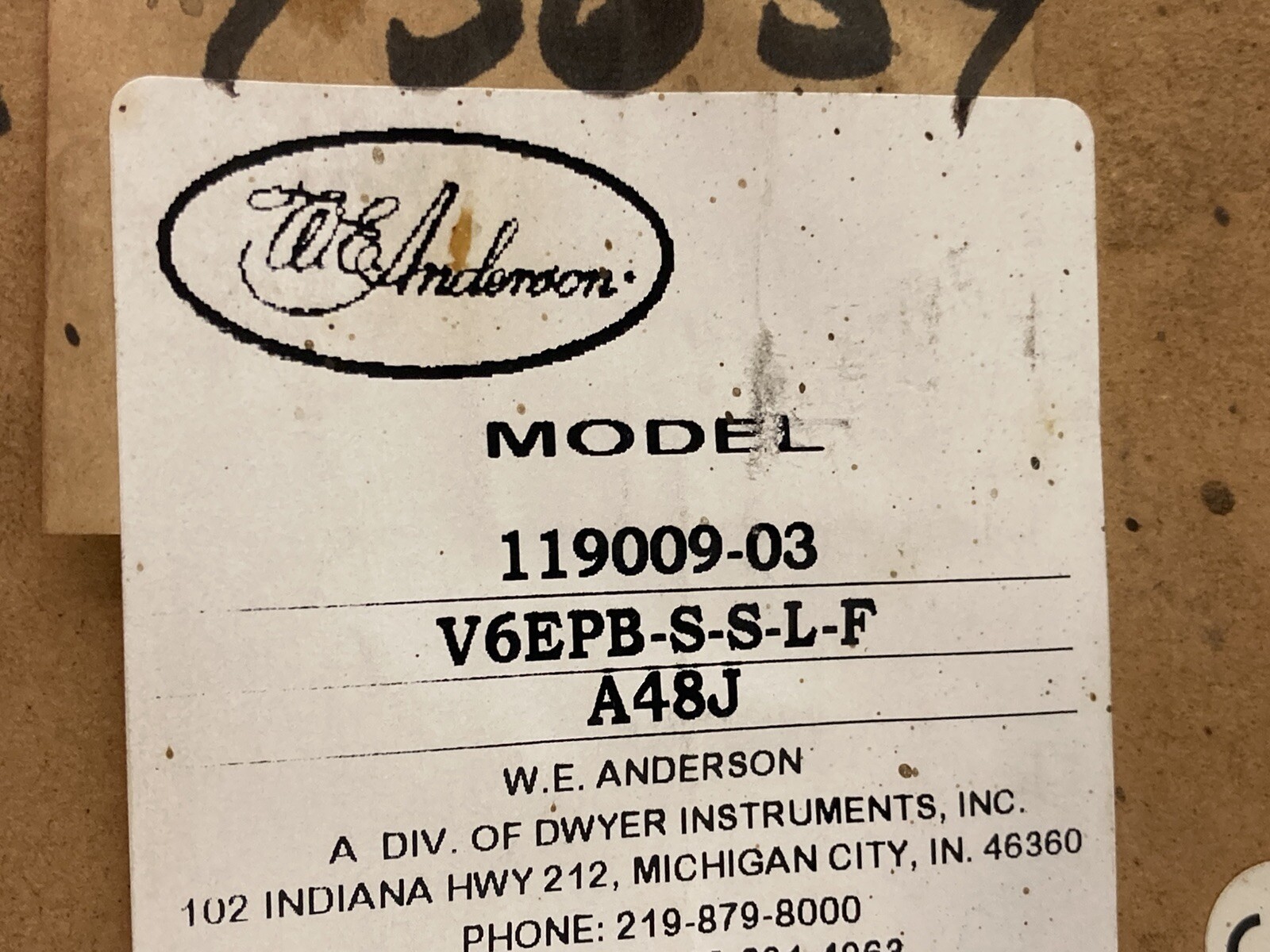 W.E. Anderson,119009-03 V6EPB-S-S-L-F A48J,Flow Switch 5A 125/250V