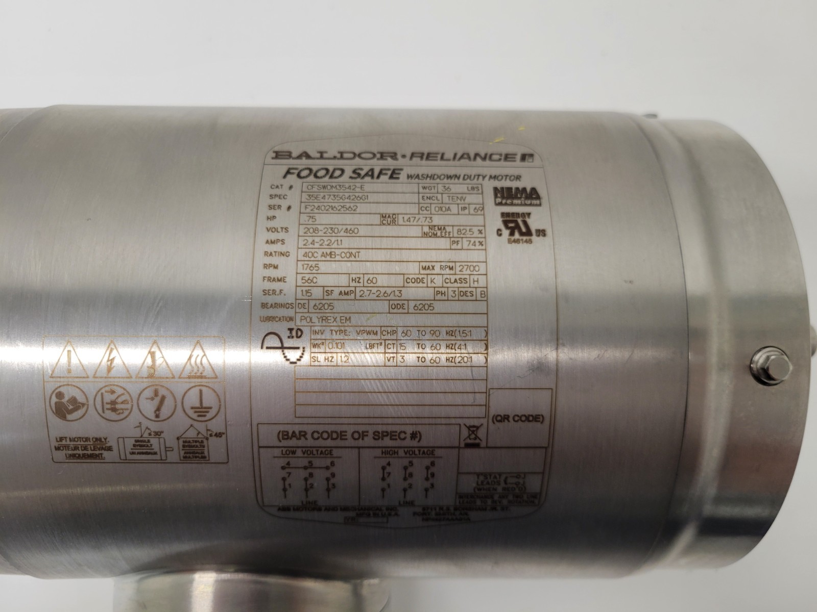 NEW OLD STOCK! BALDOR RELIANCE .75HP 208-230/460V WASHDOWN MOTOR CFSWDM3542-E