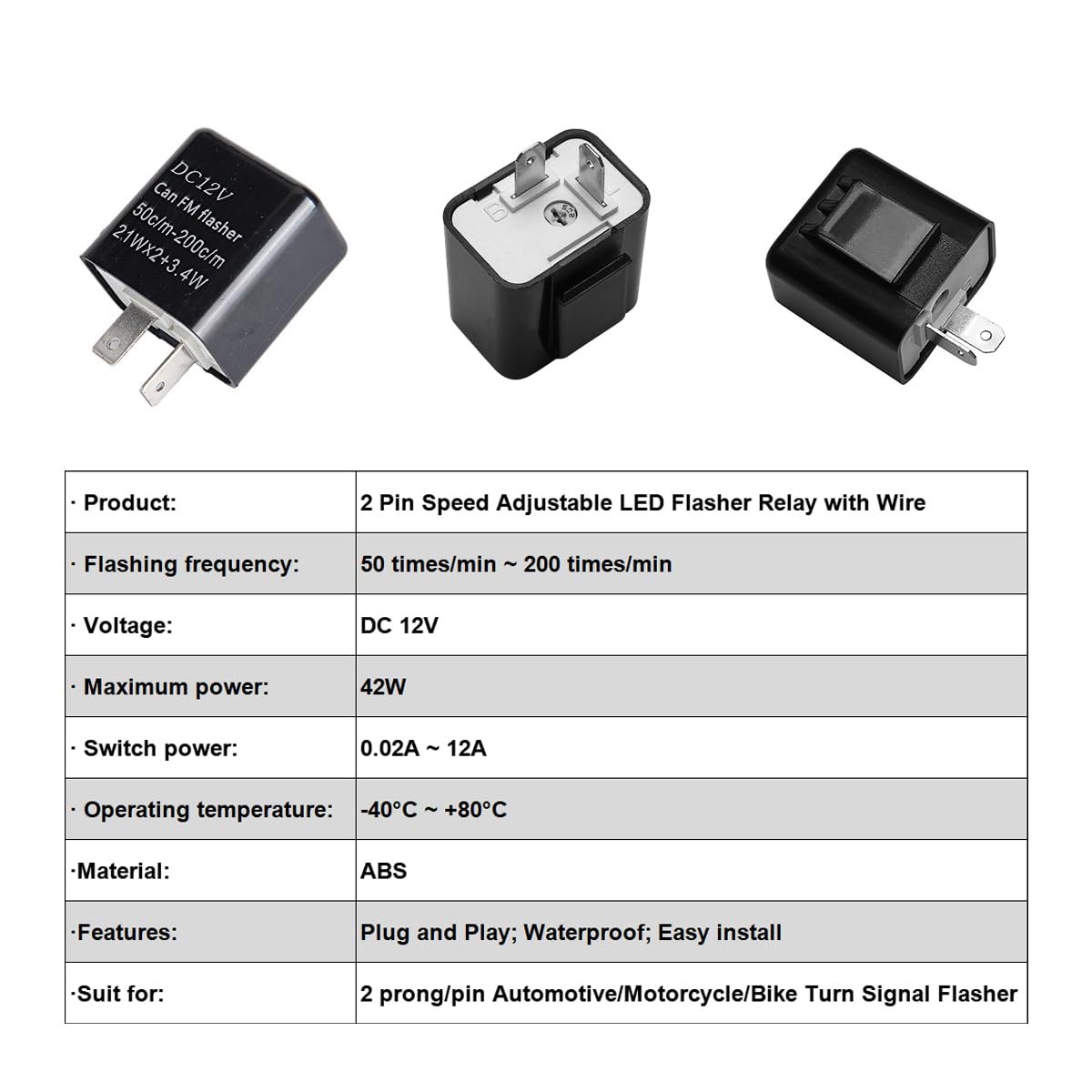 Adjustable 2 Prong Electronic LED Flasher Relay with Wires for Bikes Motorcycles