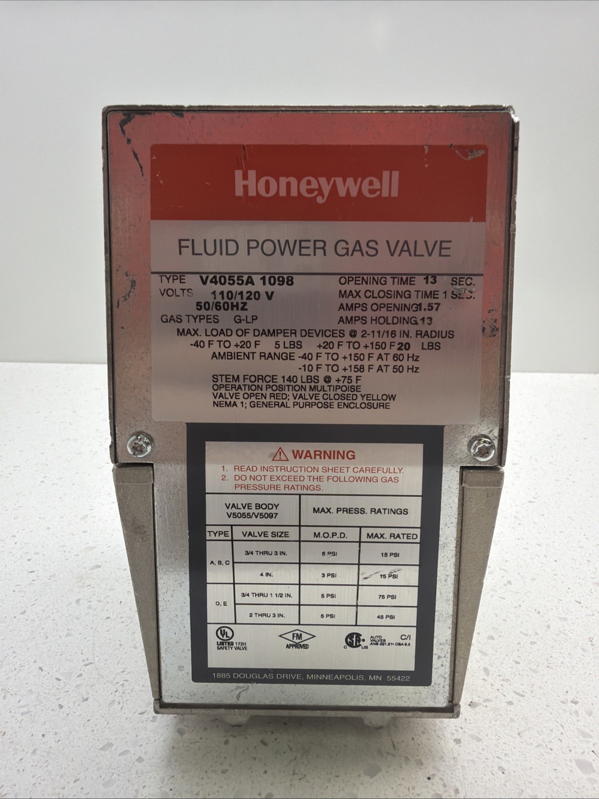 V4055A1098 Honeywell Fluid Power Gas Valve 120V 60Hz