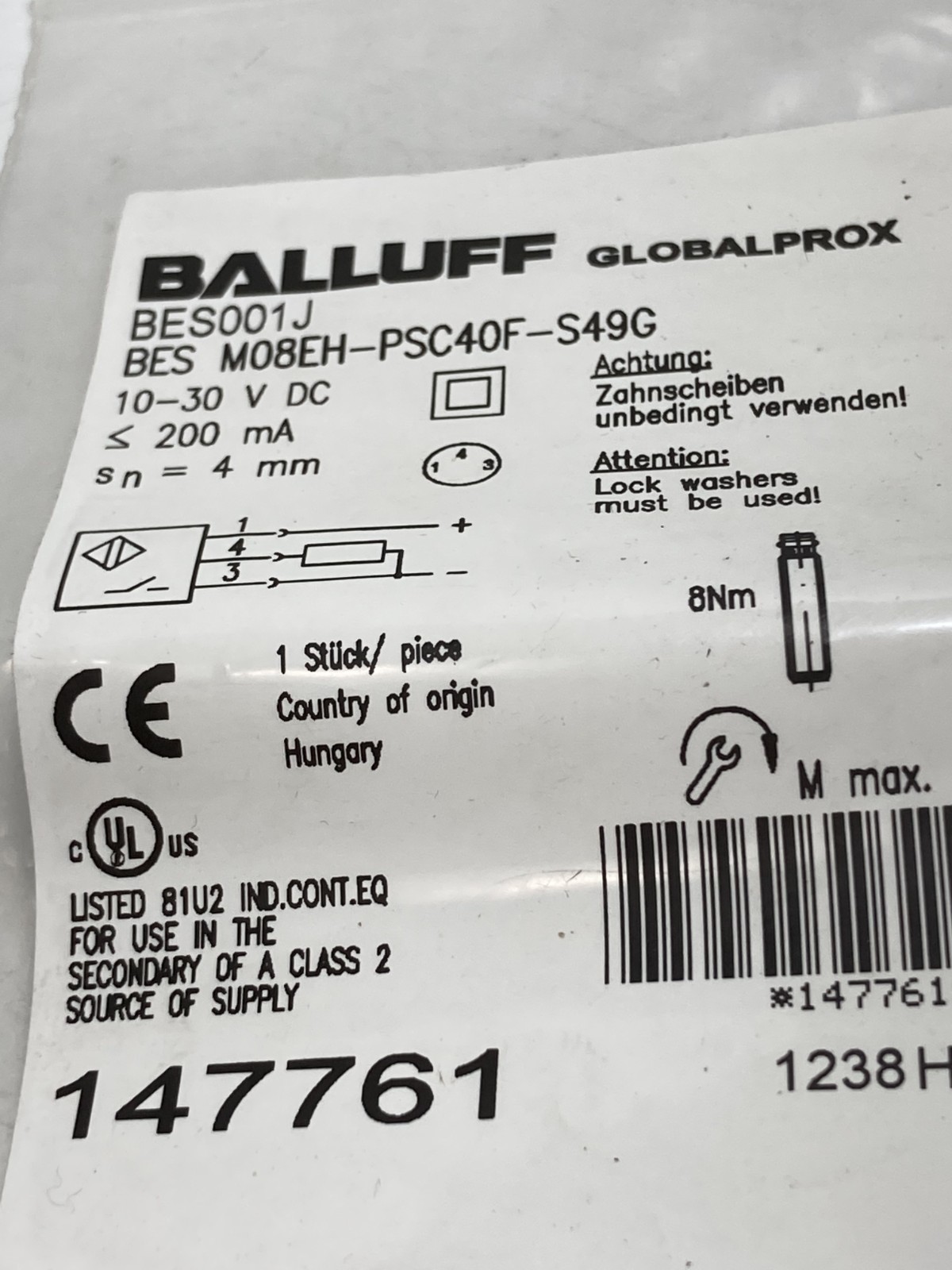 BALLUFF BES M08EH-PSC40F-S49G PROXIMITY SENSOR 10-30VDC 200MA SEN 4MM NIB
