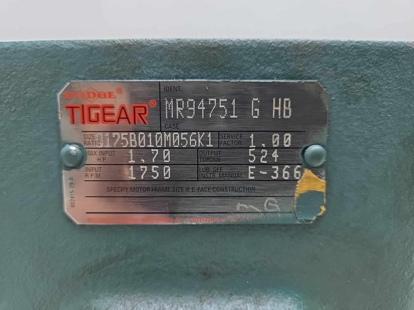 Reliance P56X1531S 1 Hp Motor 3Ph 1750 Rpm Dodge MR94751 Gear Reducer 10:1 *READ