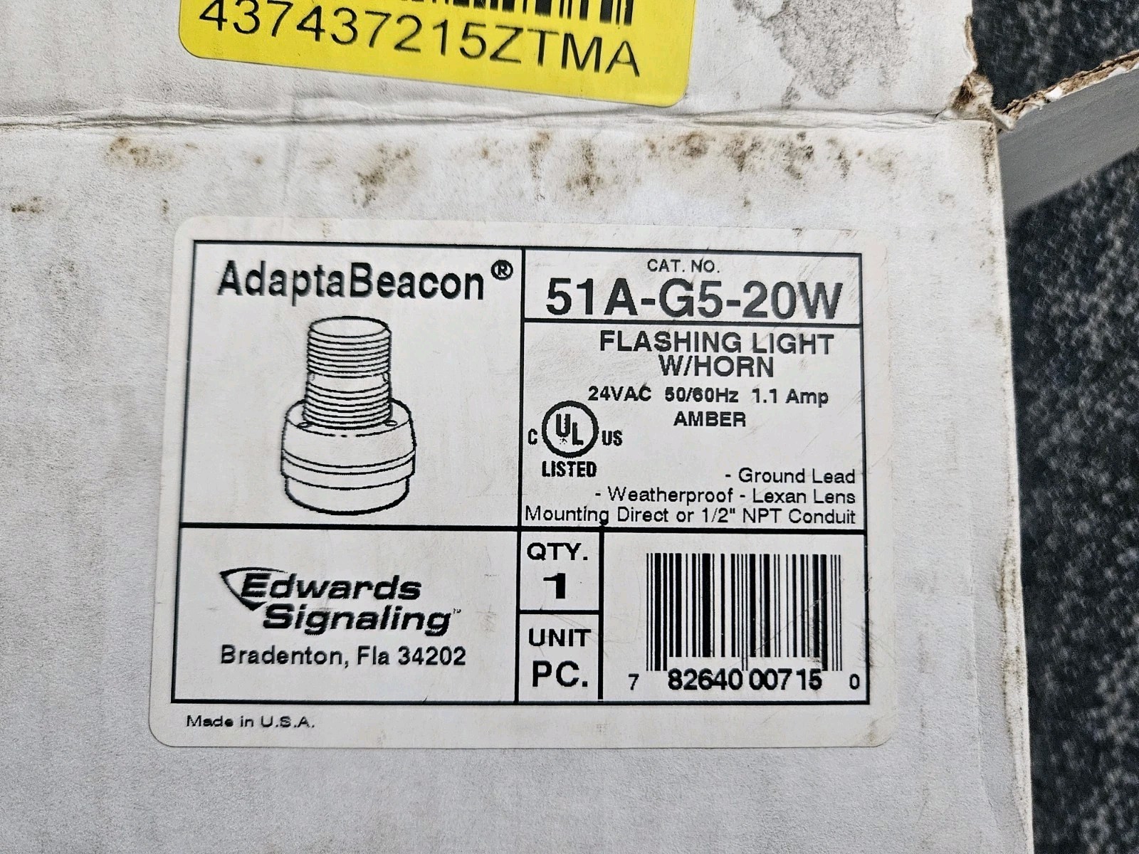 EDWARDS ADAPTABEACON 51A-G5-20W AMBER 24V AC FLASHING BEACON W/BASE MOUNTED HORN