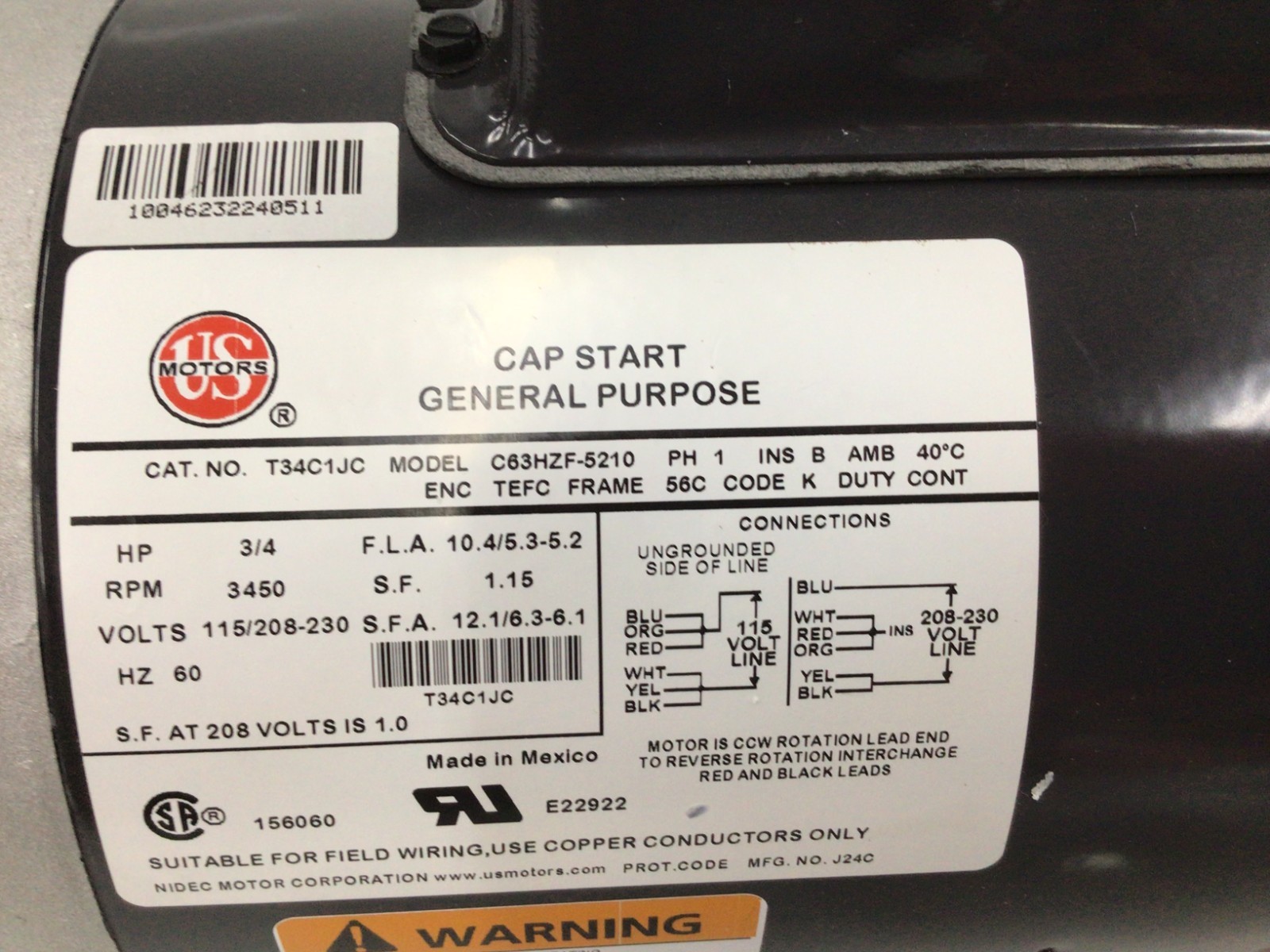 US-Nidec T34C1JC 3/4 HP General Purpose Motor 3600 RPM