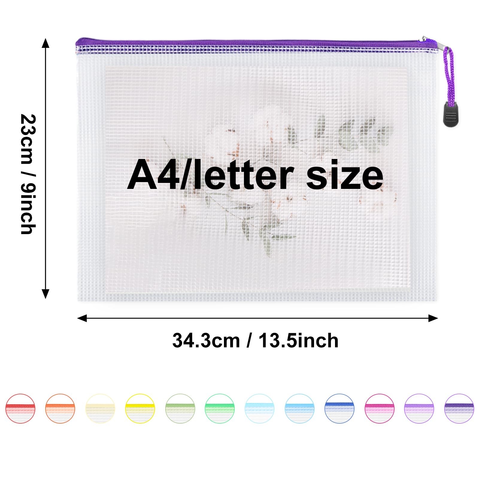 EOOUT 24pcs Mesh Zipper Pouch Bags A4 Document Bag, 13.5×9 Inches, Multicolor