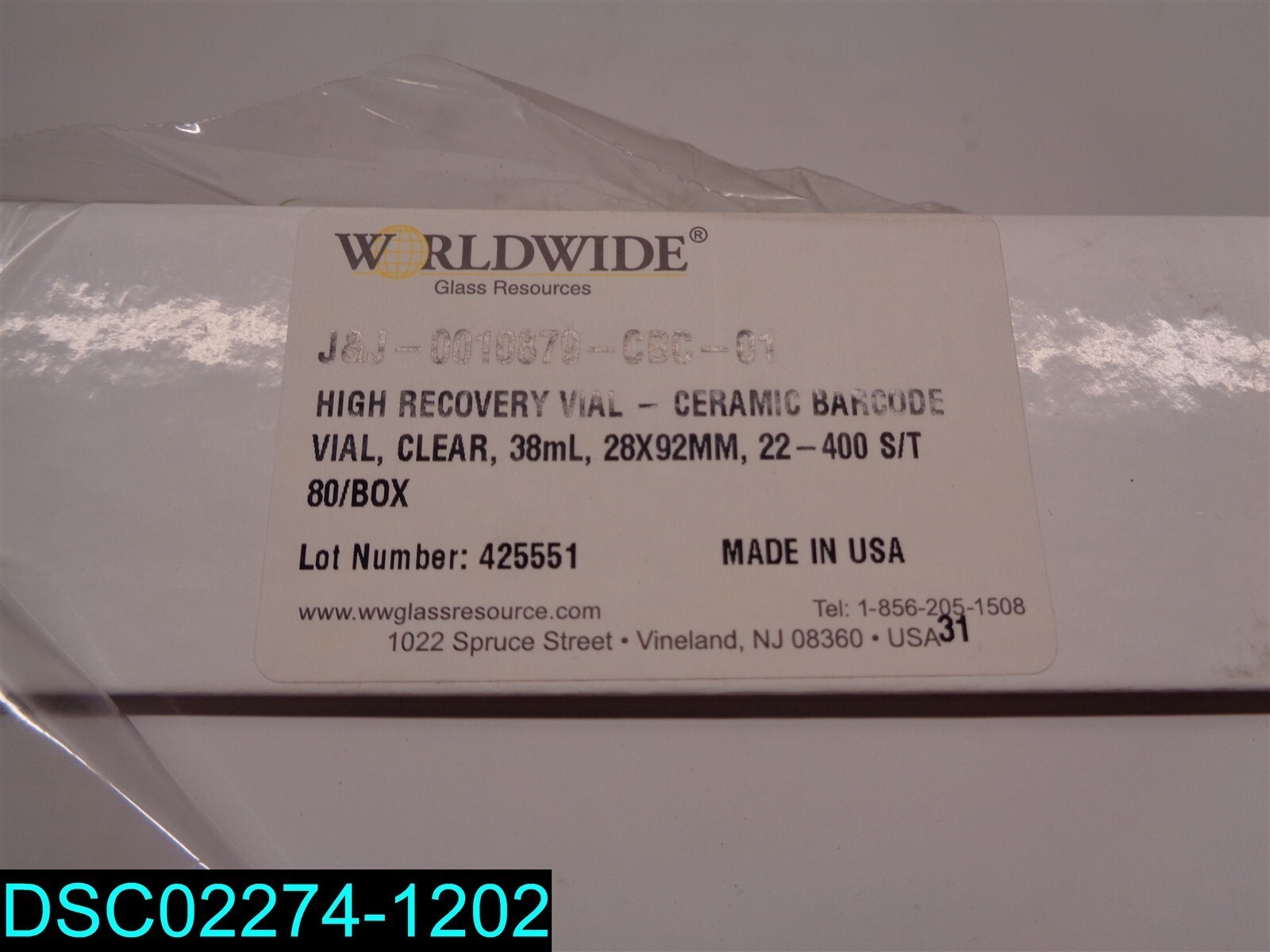 QTY=80:J&J-0010879-CBC-01 HIGH RECOVERY VIVAL-CERAMIC BARCODE VIAL 38ML, 28X92MM