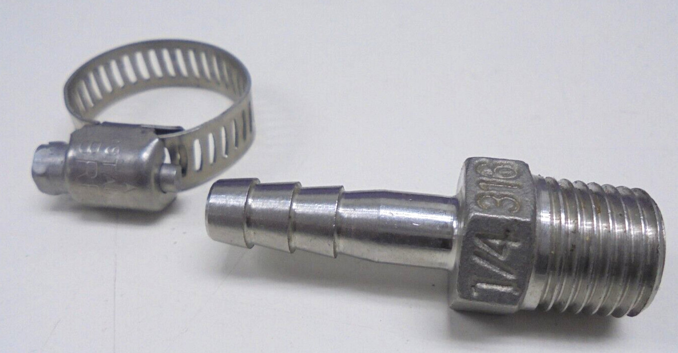 1/4″ Stainless Steel Hose Barb Fitting 1/4-in NPT x 1/4″ Barb With 1 Clamp
