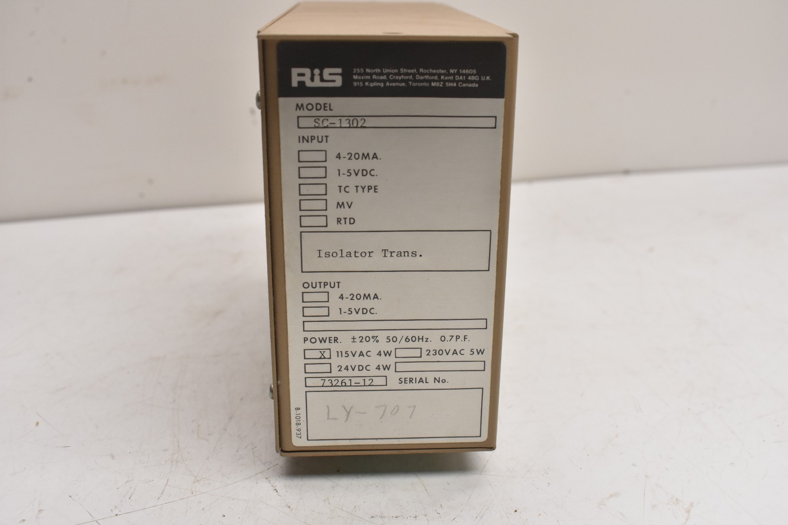 RIS/AMETEK RIS MODEL SC-1302 INPUT 1-5 VDC. OUTPUT 4-20 MA. TRANSMITTER MODULE
