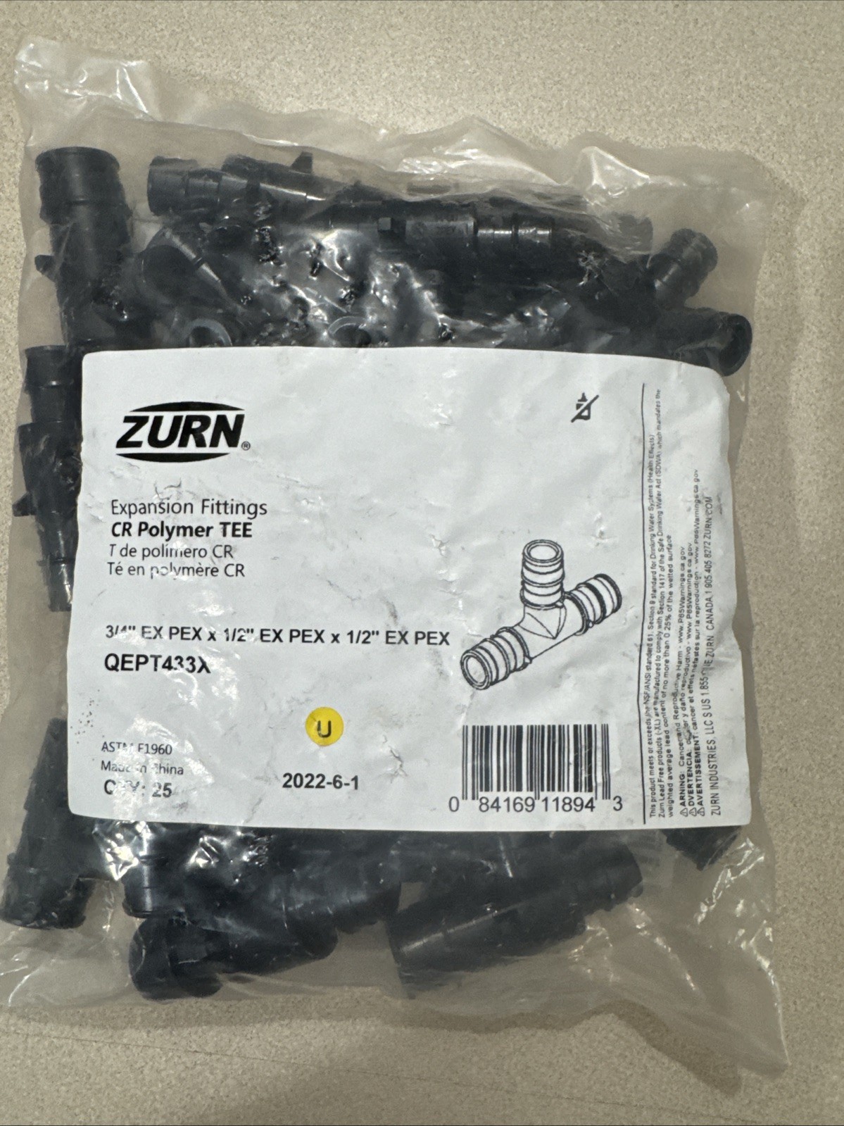 Zurn QEPT433X Expansion CR Polymer Tee – 3/4″ EX PEX X 1/2″ EX PEX X 1/2″ EX PEX