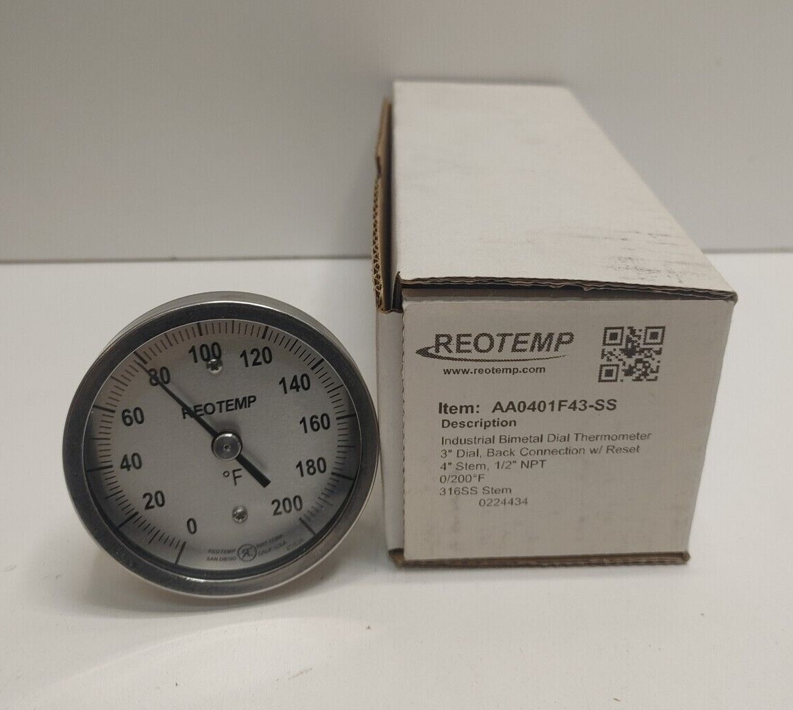 NEW! REOTEMP 3″ DIAL 4″ STEM 1/2″ NPT 0-200F DEGREE THERMOMETER AA0401F43-SS