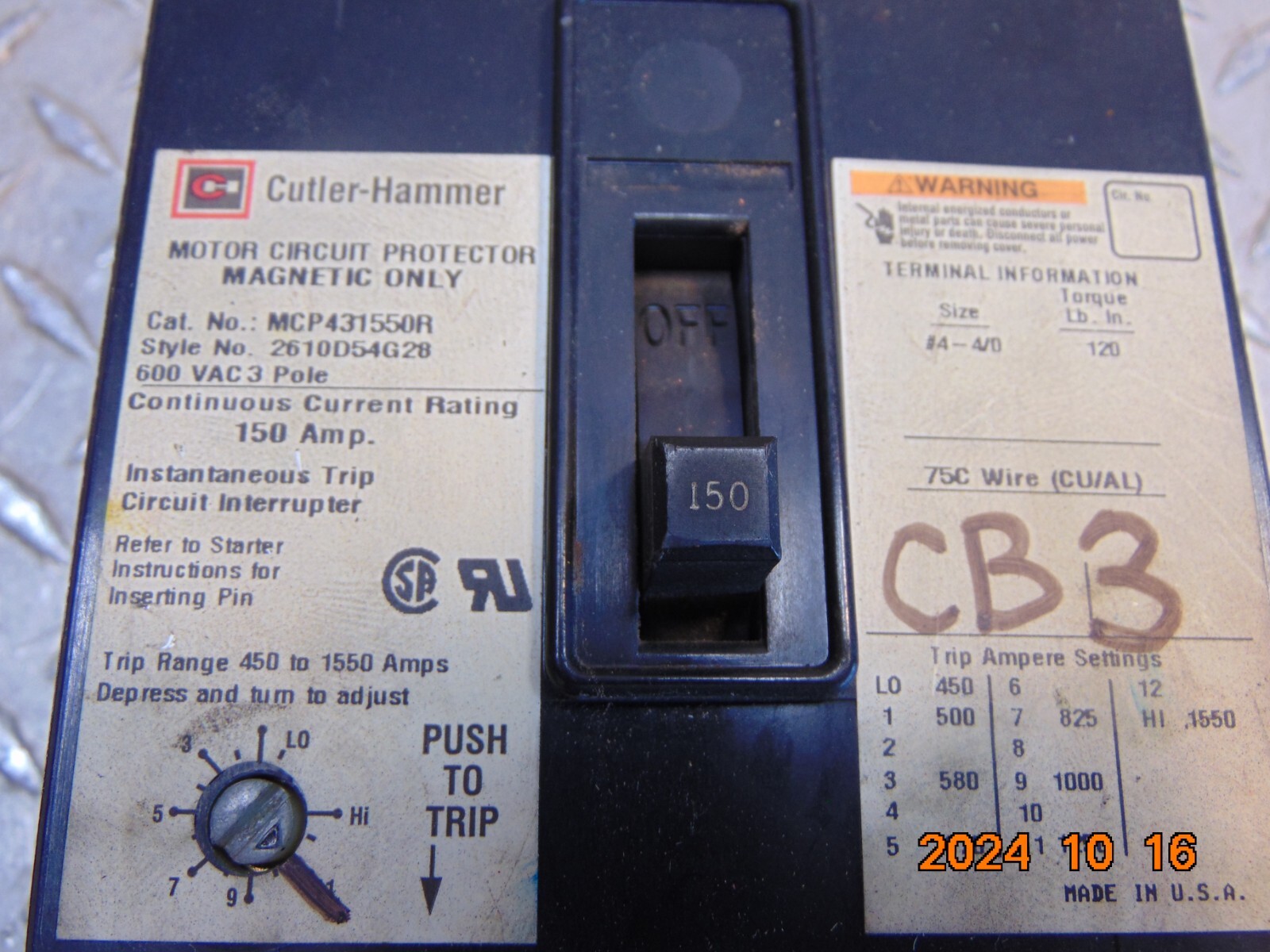 WESTINGHOUSE MCP431550R 150A 150 AMP 3P 600VAC CIRCUIT BREAKER