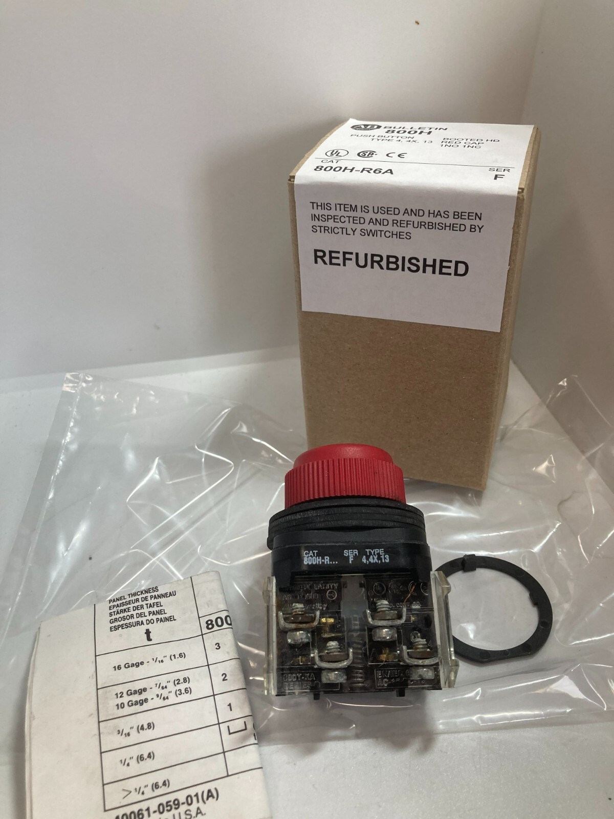 ALLEN BRADLEY 800H-R6A PUSHBUTTON BOOTED RED 1NO/1NC SERIES F