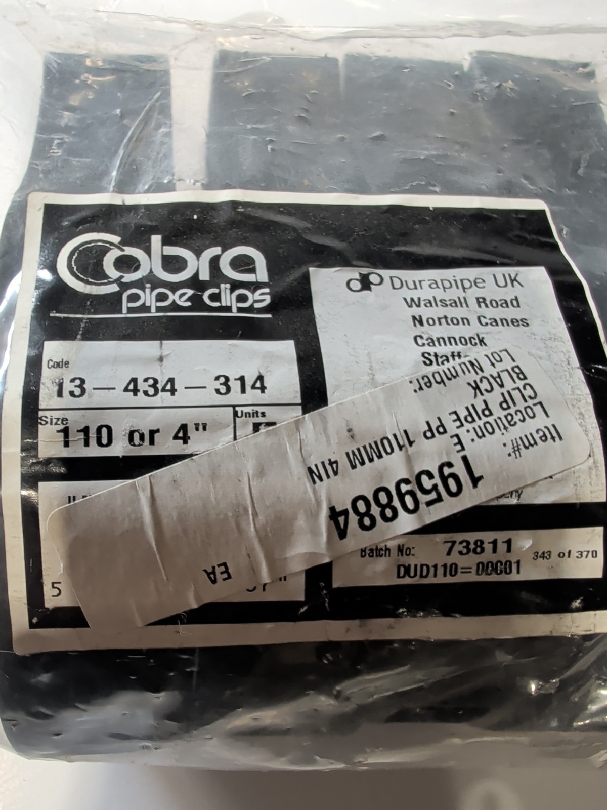 4″ Cobra Plastic Pipe Clip 13-434-314 Lot of 4