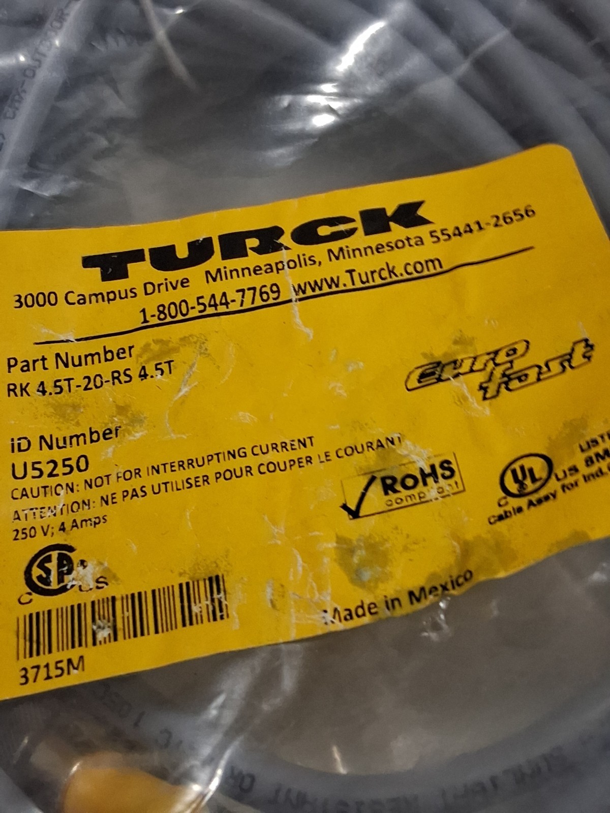 TURCK RK 4.5T-20-RS 4.5T (U5250) CORDSET EUROFAST 250V 4 AMPS 5 PIN MALE/FEM NIB
