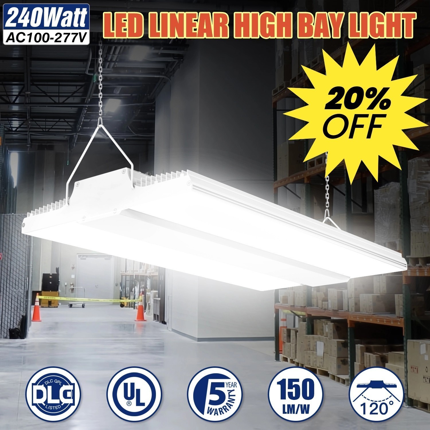 LED Shop Light Linear High Bay Light 240W 5000K 36000LM Commercial Warehouse