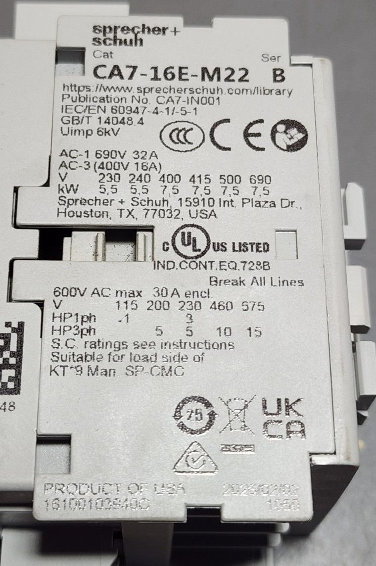 Sprecher + Schuh CA7-16E-M22-24E Contactor 24VDC Coil 2NO 2NC