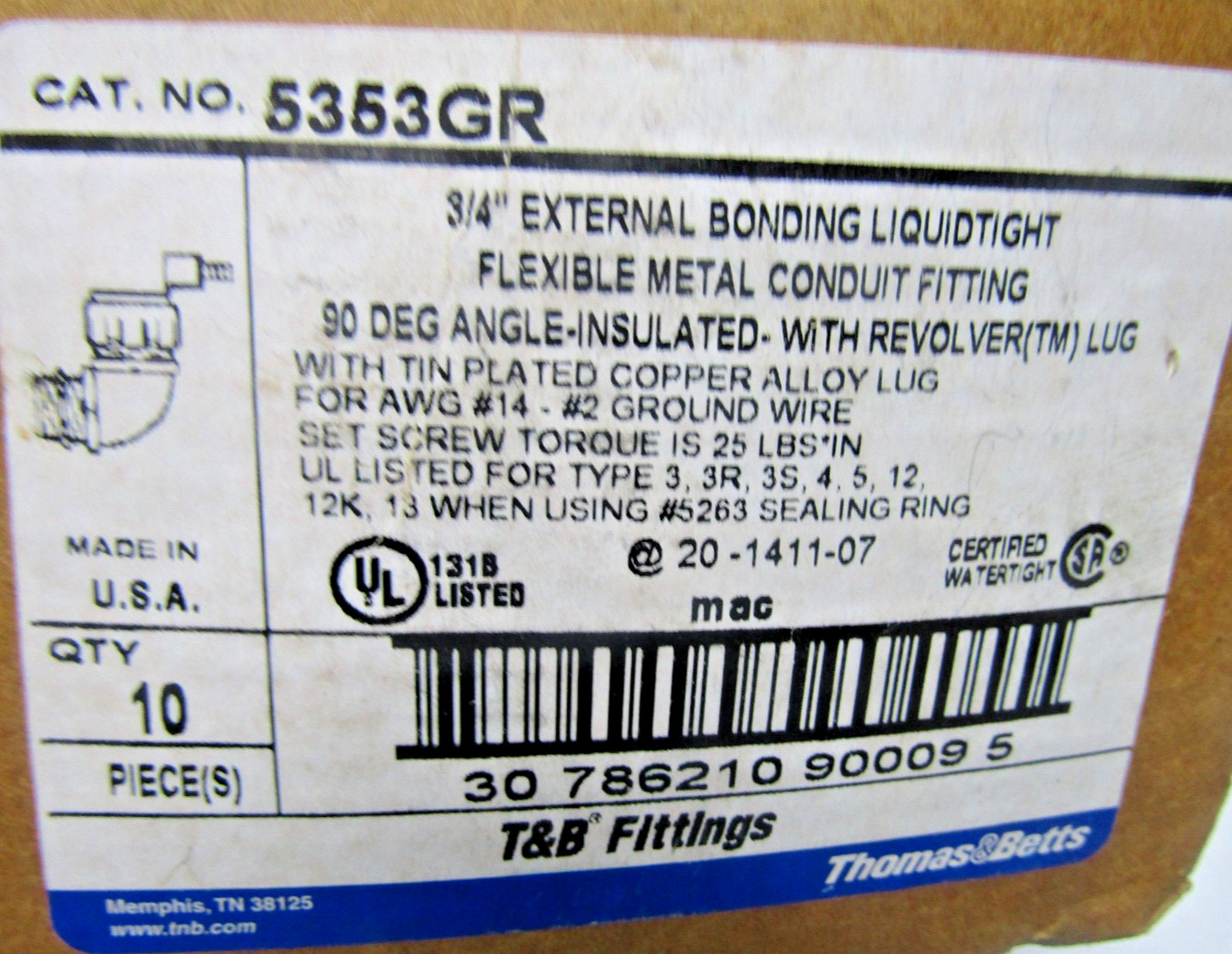 ✌️10) NEW THOMAS BETTS 3/4″ 90° LIQUIDTIGHT CONNECTOR GROUNDED 5353GR BOX OF 10