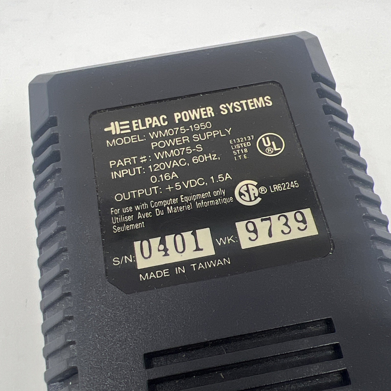 Elpac Class 2 Power Supply – Model NO: WM075-1950 – Output: +5 VDC, 1.5A