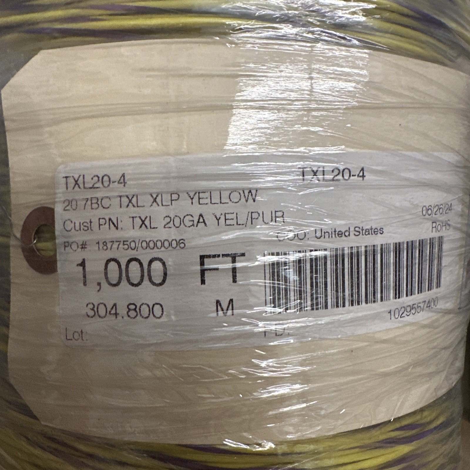 Spool of 20 7BC TXL XLP Yellow with purple stripe copper. wire/cable