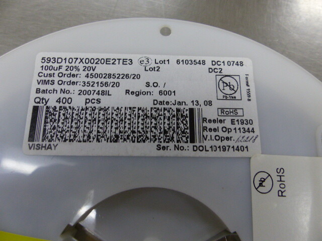 VISHAY SPRAGUE 593D107X0020E2TE3 Qty of 120 per Lot EL_TA_7343H_100U_+-20%_20V_