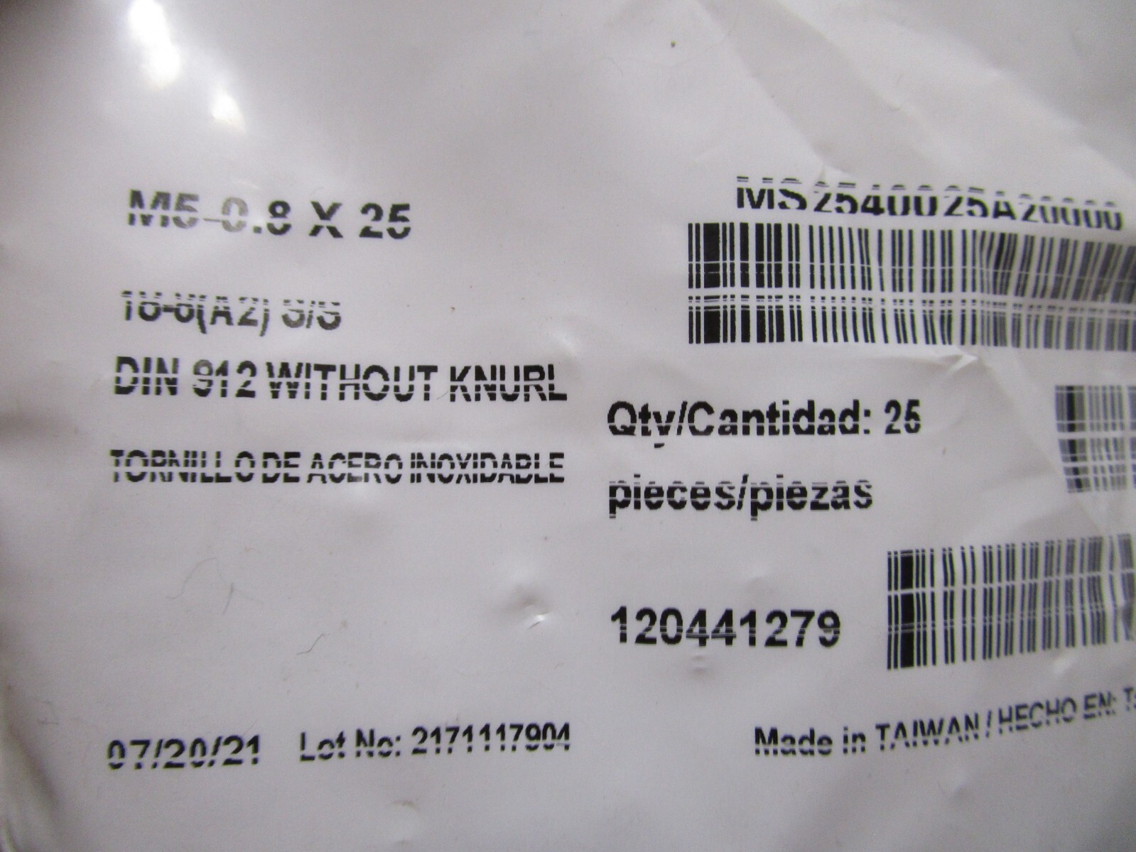 M5-0.8 x 25mm L 4mm Hex A2-70 Plain Stainless Steel Socket Head Cap Screw QTY 25