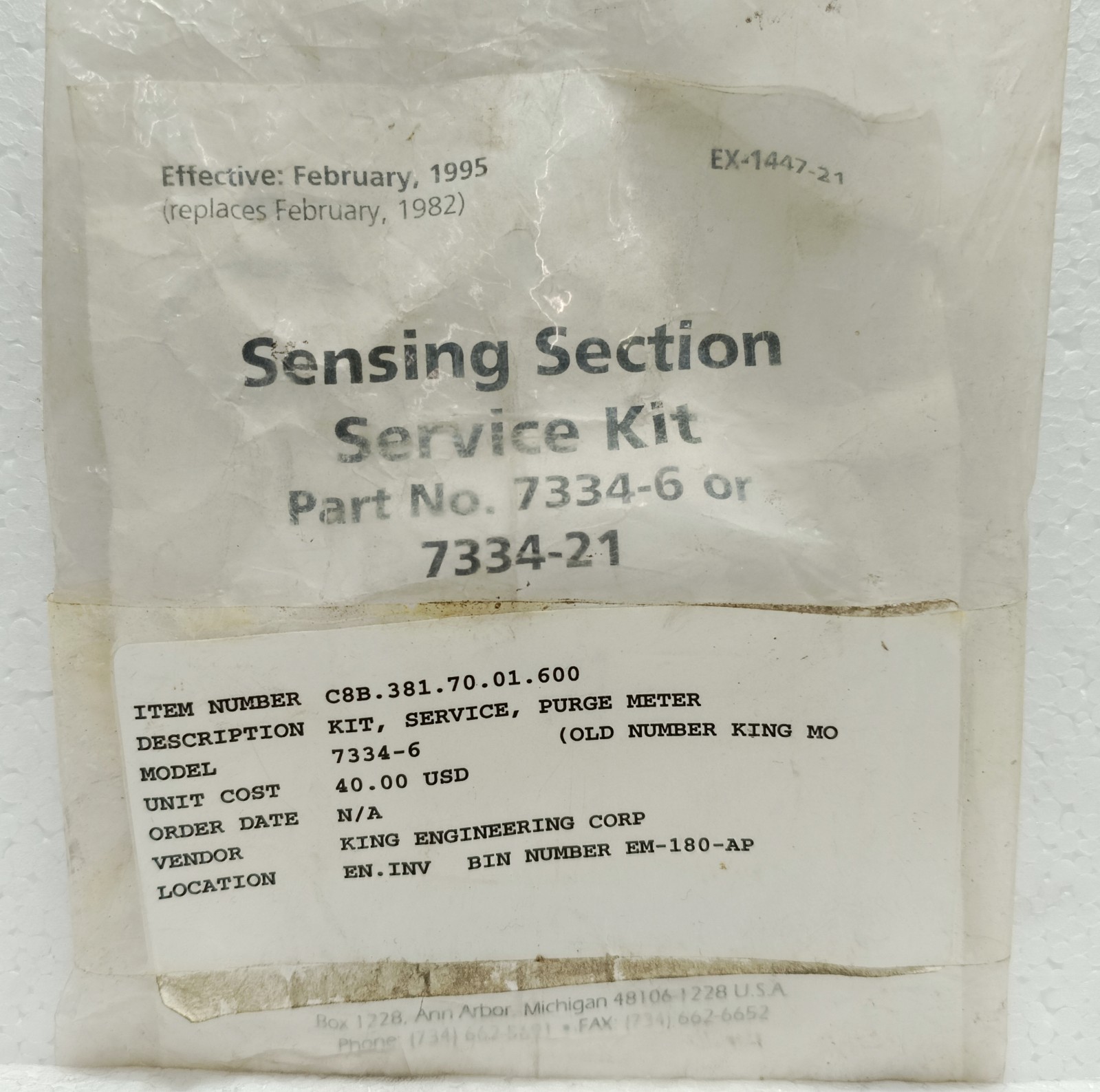 KING ENGINEERING SENSING SECTION KIT LIQUISEAL 7334-21 735 736 737 NEW SURPLUS