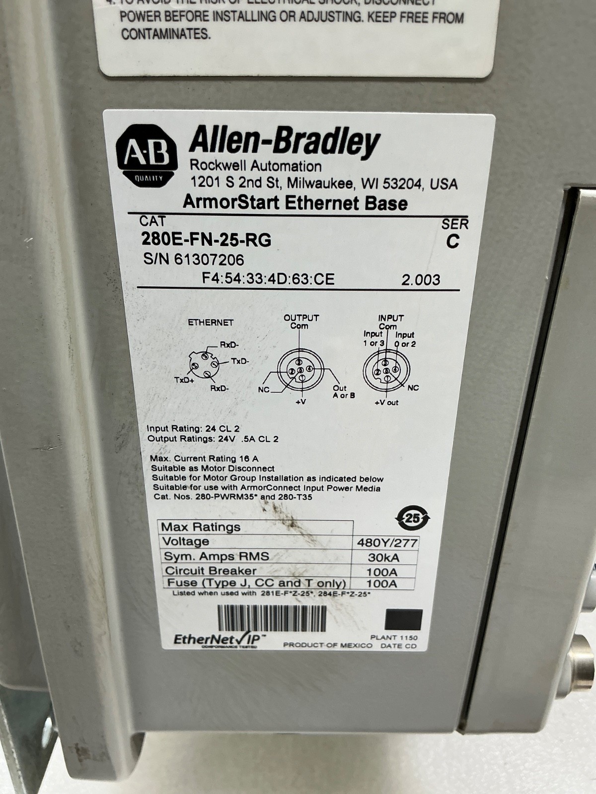 ALLEN-BRADLEY 284E-FVD7P6Z-25-RRG-SBG-DB1-EMI CONTROL MODULE 280E-FN-25-RG BASE