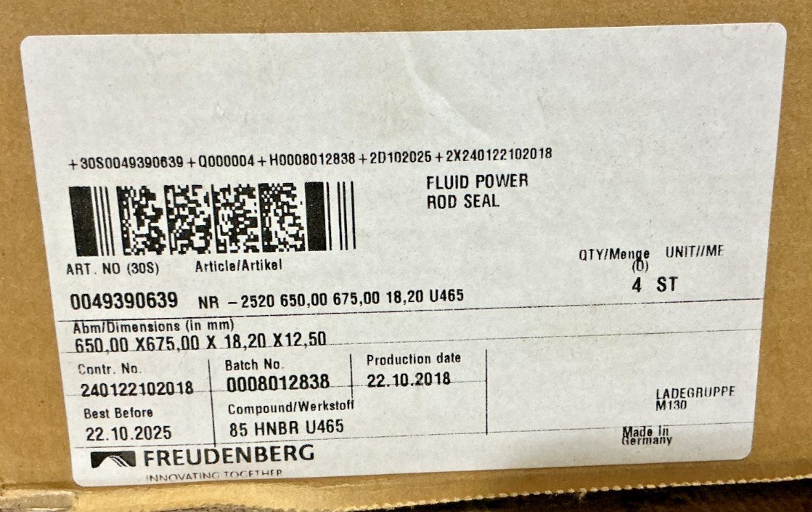 Box of 4 New Freudenberg 0049390639 Fluid Power Rod Seal 650x675x18,20×12,50