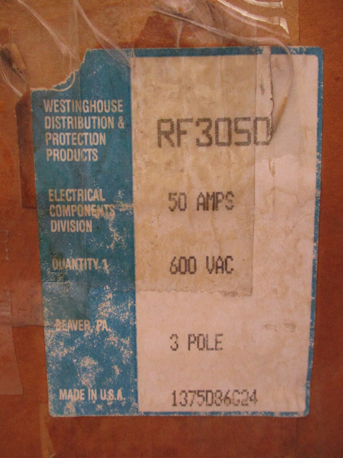 Westinghouse 1375D86G24 RF3050 50A 3 Pole 600V AC 40°C A4639IPL