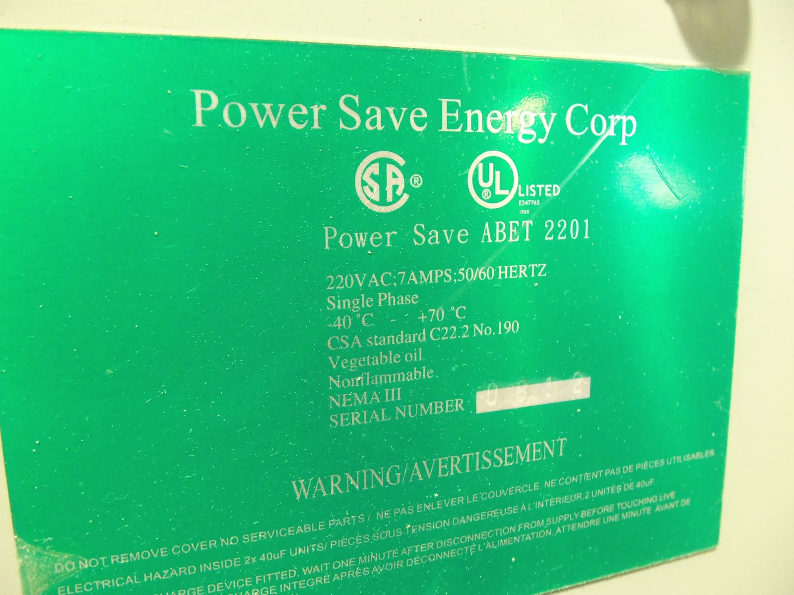 New ABET 2201 Power Conditioning Capacitor Power Save Energy Corp 7Amp 220VAC