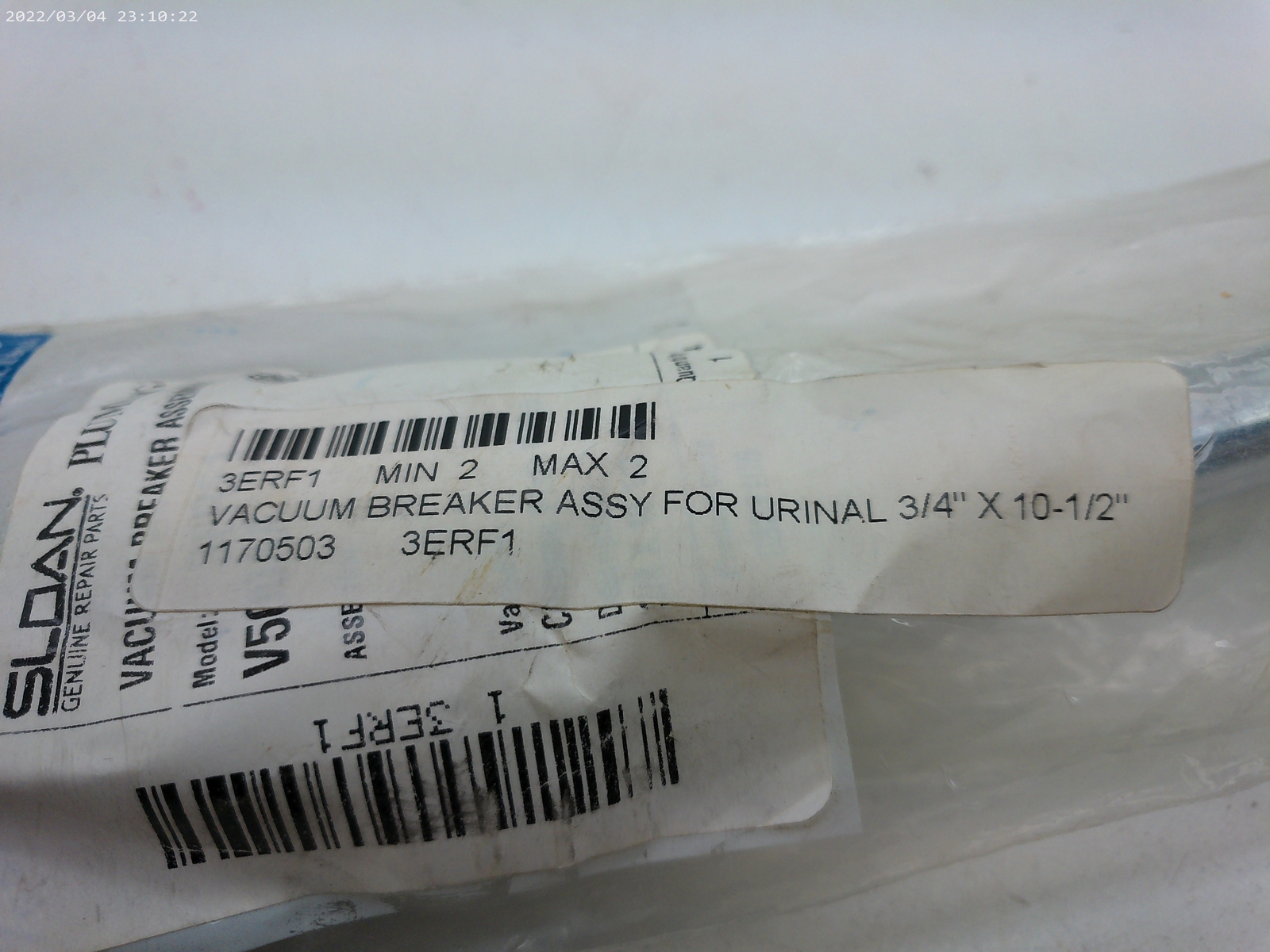 SLOAN 3ERF1 VACUUM BREAKER ASSY FOR URINAL 3/4 X 10-1/2
