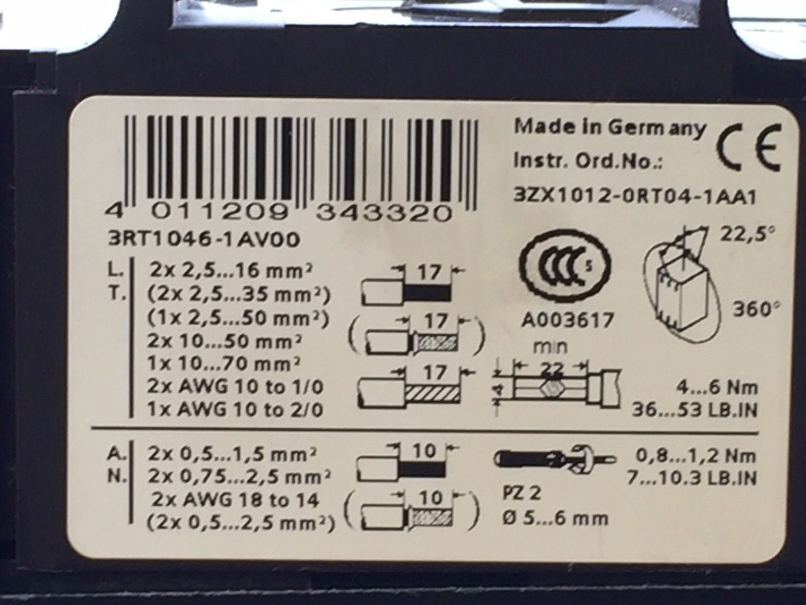 Siemens Sirius 3RT1046-1AV00 Contactor 110V 3P 3 Pole AC-3 400V 45kW 95A 95 Amp