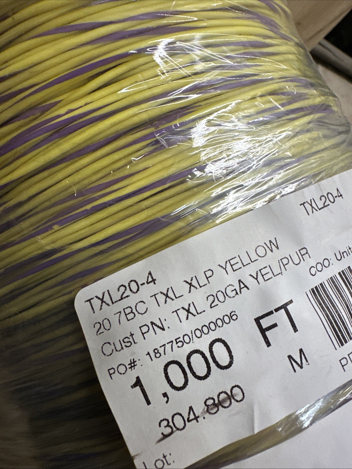 Spool of 20 7BC TXL XLP Yellow with purple stripe copper. wire/cable