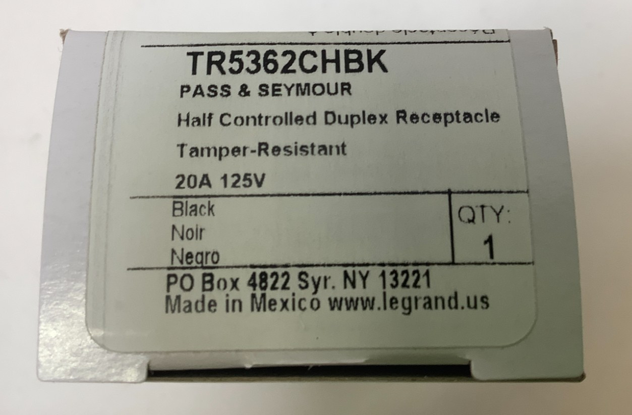 Legrand TR5362CHBK Half Controlled Duplex Receptacle, TamperResistant, 20A, 10pk