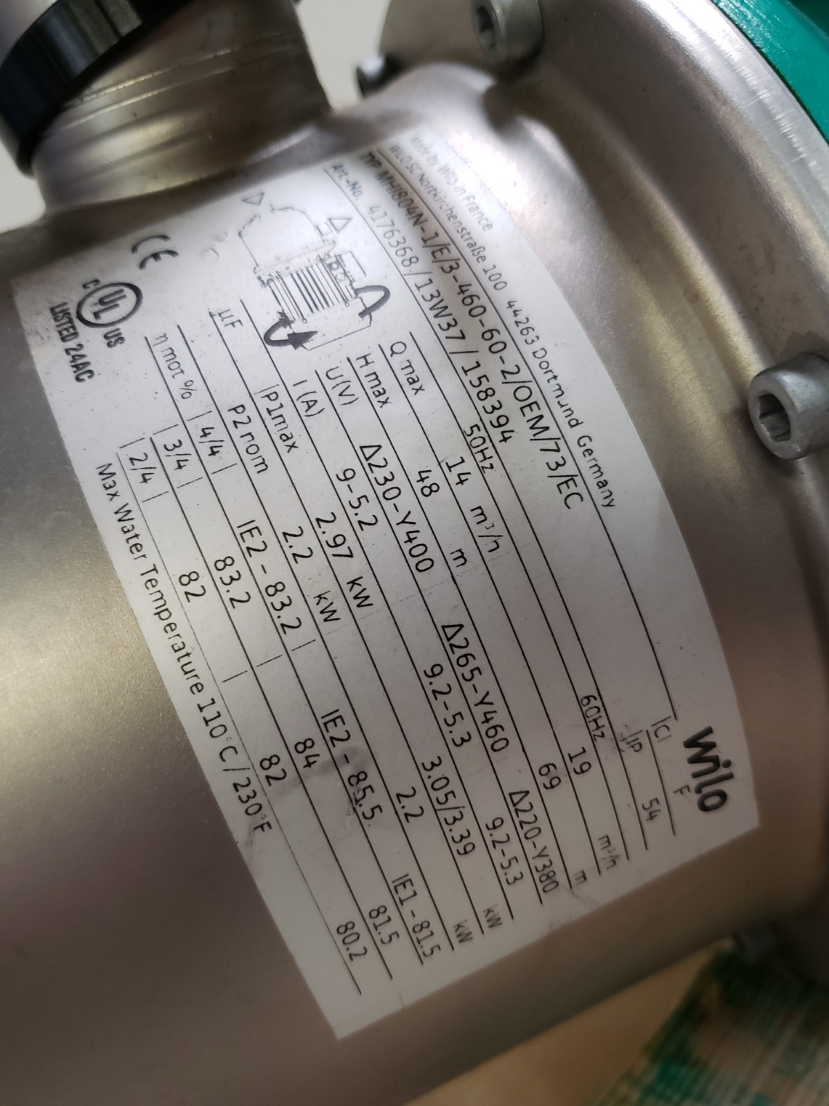 Wilo Economy MHI IE3 IEC 3 Phase Motor MHI804N-1/E/3-460-60-2 OEM