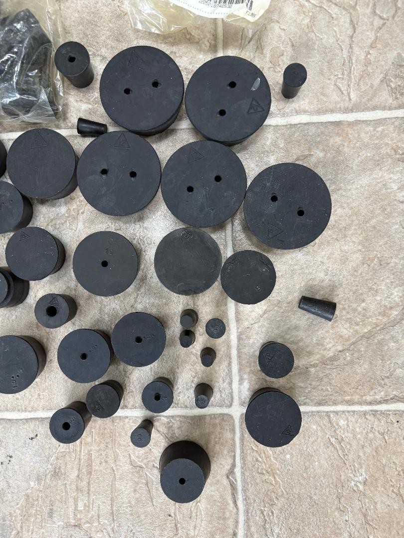 Over 40 Assorted Laboratory Stoppers Rubber Black Tapered Plugs, sizes 0-12
