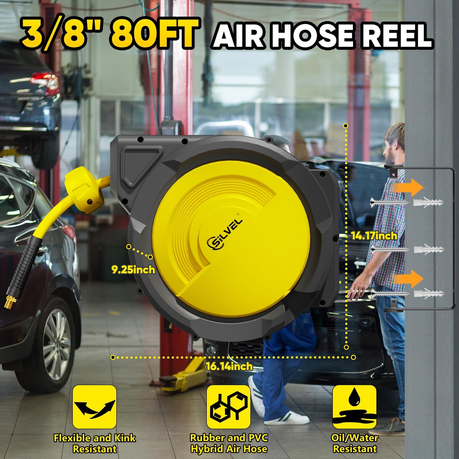 SILVEL Retractable Air Hose Reel, 3/8 in x 80FT Hybrid Hose Max 300PSI, Air C…