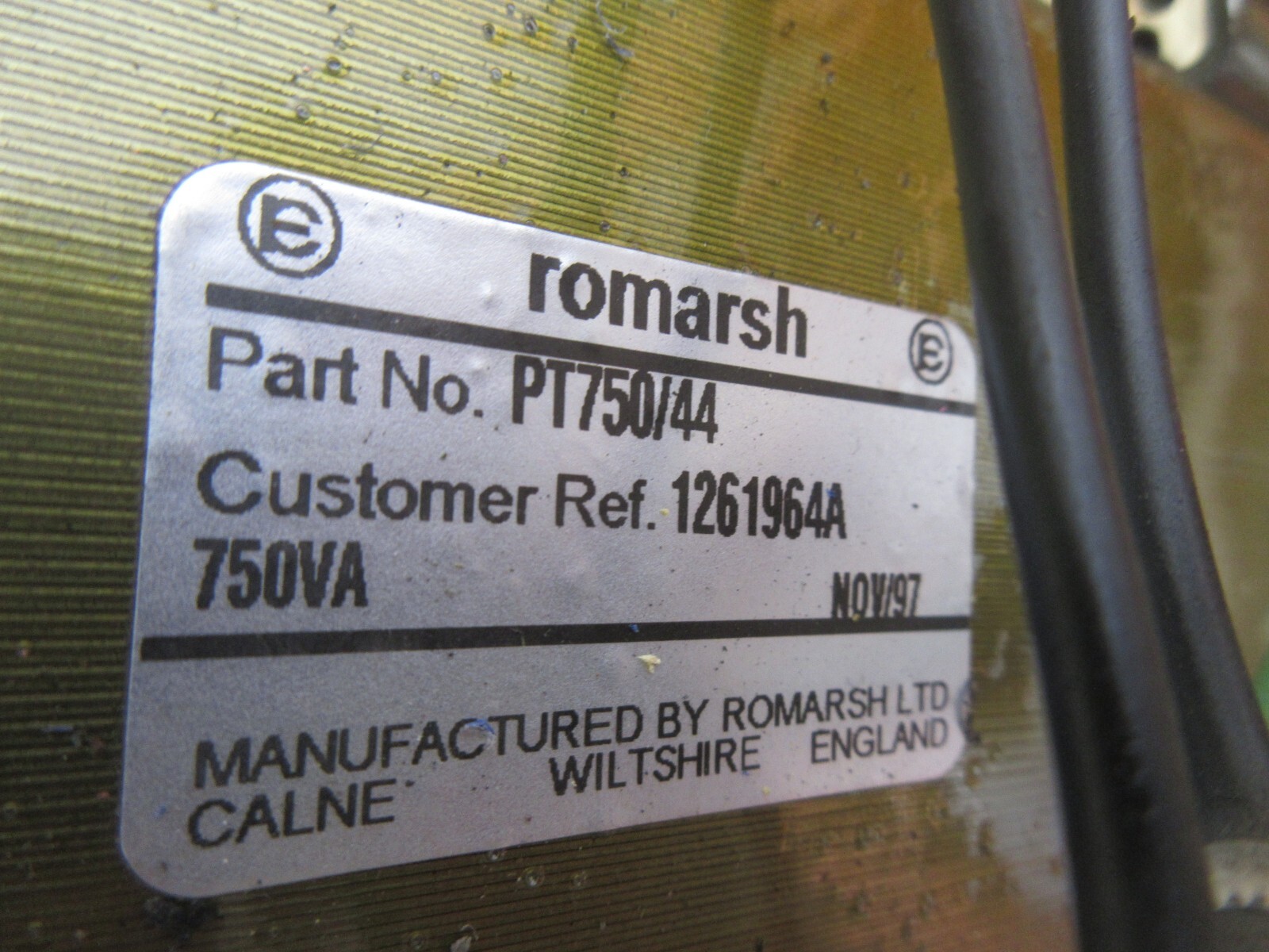 ROMARSH TRANSFORMER PT750/44 1261964A 750VA NOV/97